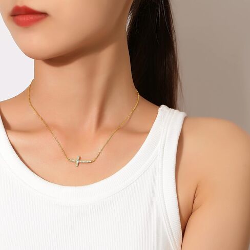 14K Gold Plated 925 Sterling Silver Cubic Zirconia Small Curved Sideways Cross Necklace for Women, 18 inch in Saudi Arabia