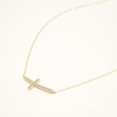 14K Gold Plated 925 Sterling Silver Cubic Zirconia Small Curved Sideways Cross Necklace for Women, 18 inch in Saudi Arabia