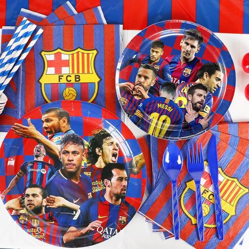 210 قطعة من ديكورات حفلات أعياد ميلاد برشلونة، لوازم حفلات برشلونة، ديكورات حفلات أعياد الميلاد بموضوع كرة القدم، تتضمن لافتة، وبالونات، ودوامات، وبطاقات دعوة، وأدوات مائدة وملصقات in Saudi Arabia