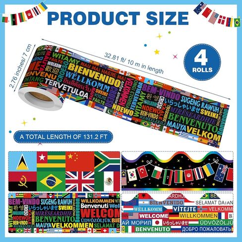 Outus 4 Rolls World Flags Bulletin Board Borders 131.2 Ft International Flags Bulletin Border Trim National Flags Classroom Decorations for School Home Bulletin Board Locker Door Window Wall Decor in Saudi Arabia