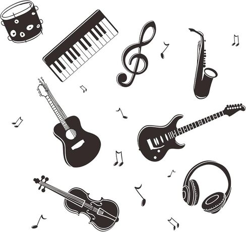 Guitar Music Instrument Wall Decal, Guitar Piano Saxophone Band Wall Stickers Home Decor Wallpaper, Removable Art DIY Sticker Mural for Classroom Bedroom Bedside Decoration in Saudi Arabia