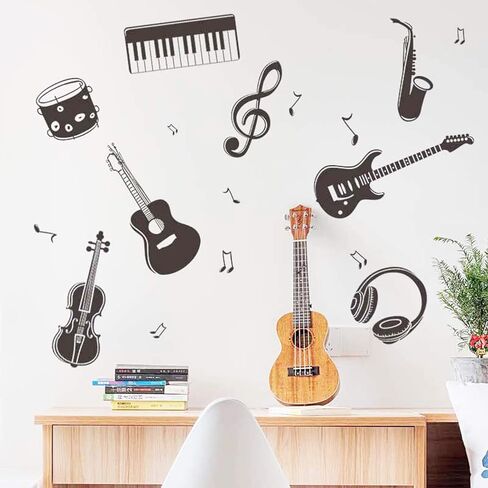 Guitar Music Instrument Wall Decal, Guitar Piano Saxophone Band Wall Stickers Home Decor Wallpaper, Removable Art DIY Sticker Mural for Classroom Bedroom Bedside Decoration in Saudi Arabia