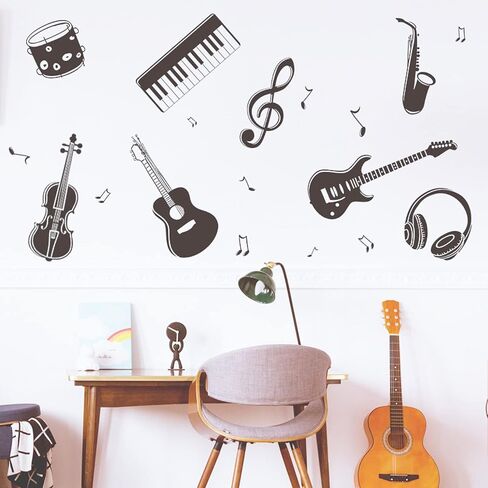Guitar Music Instrument Wall Decal, Guitar Piano Saxophone Band Wall Stickers Home Decor Wallpaper, Removable Art DIY Sticker Mural for Classroom Bedroom Bedside Decoration in Saudi Arabia