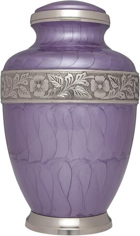 جرة حرق ليلك - جرة جنازة مع شريط زهرة فضي - جرة دفن كبيرة للرماد البشري مقاس البالغين - نحاس 100% in Kuwait