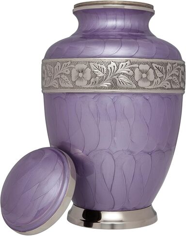 جرة حرق ليلك - جرة جنازة مع شريط زهرة فضي - جرة دفن كبيرة للرماد البشري مقاس البالغين - نحاس 100% in Kuwait