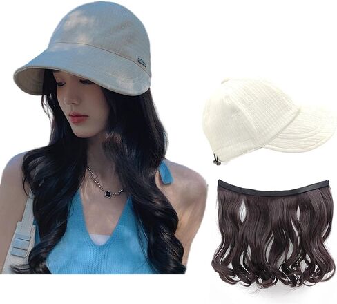 Women's Summer Baseball Cap Wig,Foldable Wide Brim Beach Sun Hat Wig,Hat with Hair Attached via Magic Tape, Detachable,Black in Saudi Arabia