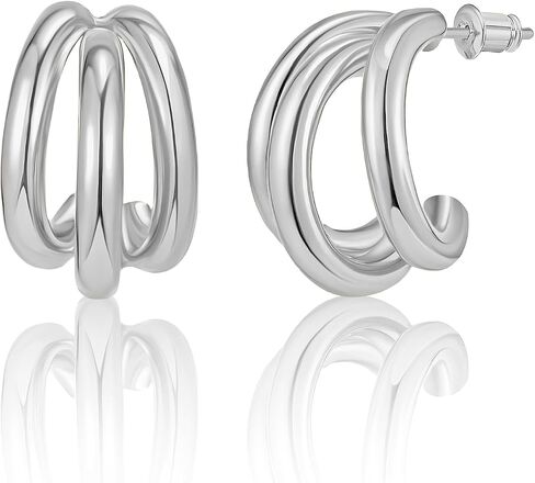 14K Gold and Sterling Silver Plated Hoop Earrings for Women. Trendy 3D Triple Hoop Earrings, Lightweight and Hypoallergenic, Gifts by Esmee Cardenas in Saudi Arabia