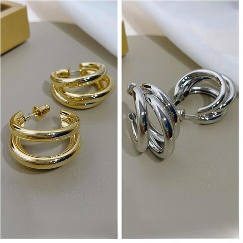14K Gold and Sterling Silver Plated Hoop Earrings for Women. Trendy 3D Triple Hoop Earrings, Lightweight and Hypoallergenic, Gifts by Esmee Cardenas in Saudi Arabia