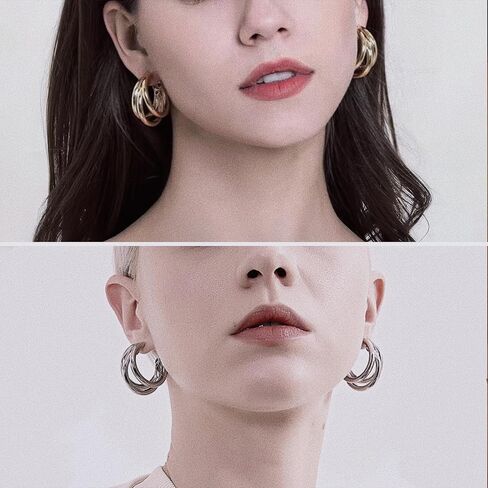 14K Gold and Sterling Silver Plated Hoop Earrings for Women. Trendy 3D Triple Hoop Earrings, Lightweight and Hypoallergenic, Gifts by Esmee Cardenas in Saudi Arabia