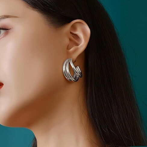 14K Gold and Sterling Silver Plated Hoop Earrings for Women. Trendy 3D Triple Hoop Earrings, Lightweight and Hypoallergenic, Gifts by Esmee Cardenas in Saudi Arabia