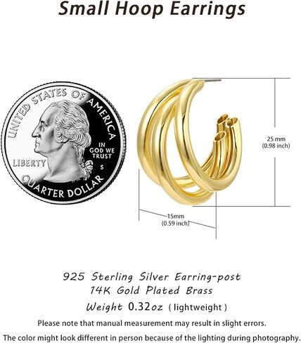 14K Gold and Sterling Silver Plated Hoop Earrings for Women. Trendy 3D Triple Hoop Earrings, Lightweight and Hypoallergenic, Gifts by Esmee Cardenas in Saudi Arabia