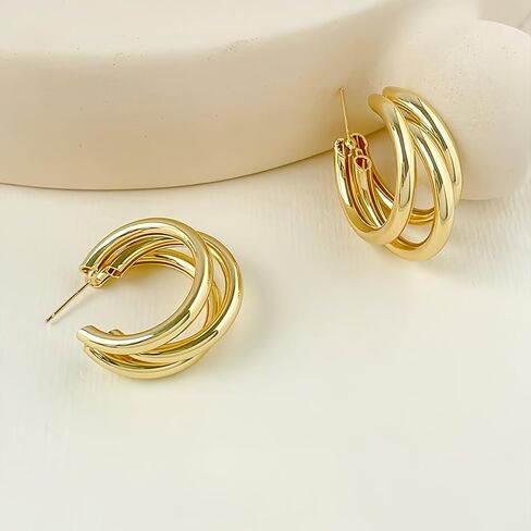 14K Gold and Sterling Silver Plated Hoop Earrings for Women. Trendy 3D Triple Hoop Earrings, Lightweight and Hypoallergenic, Gifts by Esmee Cardenas in Saudi Arabia