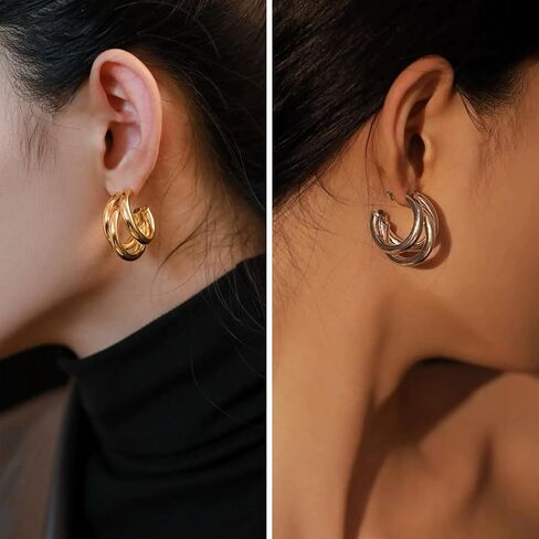 14K Gold and Sterling Silver Plated Hoop Earrings for Women. Trendy 3D Triple Hoop Earrings, Lightweight and Hypoallergenic, Gifts by Esmee Cardenas in Saudi Arabia