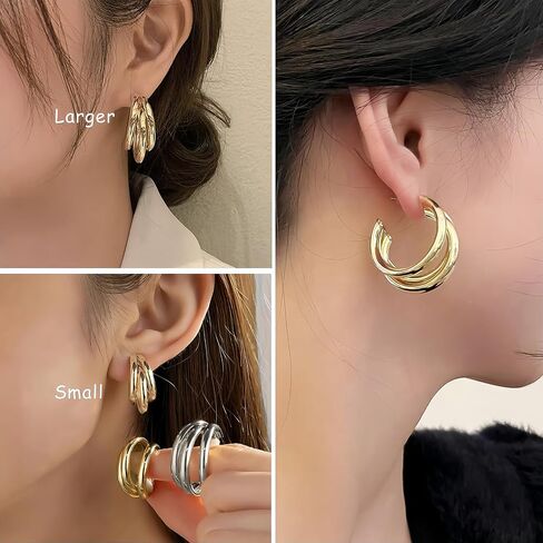 14K Gold and Sterling Silver Plated Hoop Earrings for Women. Trendy 3D Triple Hoop Earrings, Lightweight and Hypoallergenic, Gifts by Esmee Cardenas in Saudi Arabia
