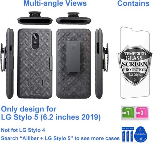 Ailiber متوافق مع حافظة حافظة LG Stylo 5، واقي شاشة LG Stylo5 متين كامل الجسم مقاوم للصدمات/مشبك حزام/حامل مسند، غطاء حماية صلب نحيف لهاتف LGStylo 5 - أسود in Saudi Arabia