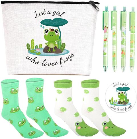Frog Gifts for Frog Lovers, Includes Frog Makeup Bag, Cute Frog Socks, Frogs Writing Gel Ink Pen & Mini Round Mirror, Just Who Loves Frogs, Funny Frogs Gifts, Birthday Gift for Women in Kuwait