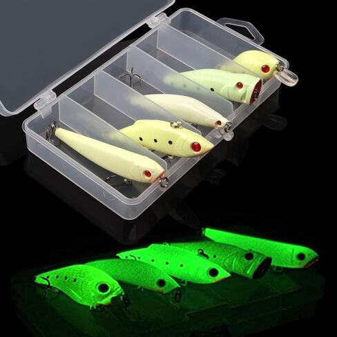 Glow Fishing Lures Kit, 5pcs Luminous Artificial Lure VIB Minnow Crank Popper Pencil Night Fishing Baits with Treble Hooks for Bass Saltwater Freshwater in Saudi Arabia
