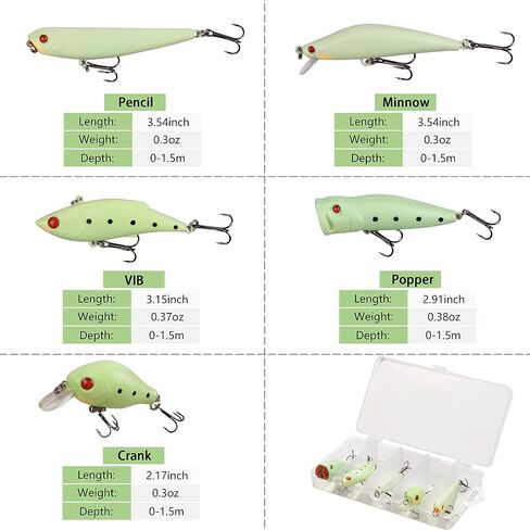 Glow Fishing Lures Kit, 5pcs Luminous Artificial Lure VIB Minnow Crank Popper Pencil Night Fishing Baits with Treble Hooks for Bass Saltwater Freshwater in Saudi Arabia