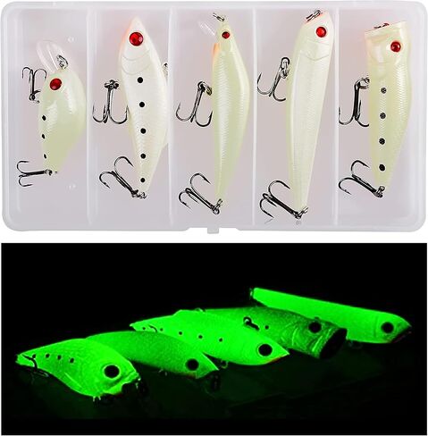 Glow Fishing Lures Kit, 5pcs Luminous Artificial Lure VIB Minnow Crank Popper Pencil Night Fishing Baits with Treble Hooks for Bass Saltwater Freshwater in Saudi Arabia