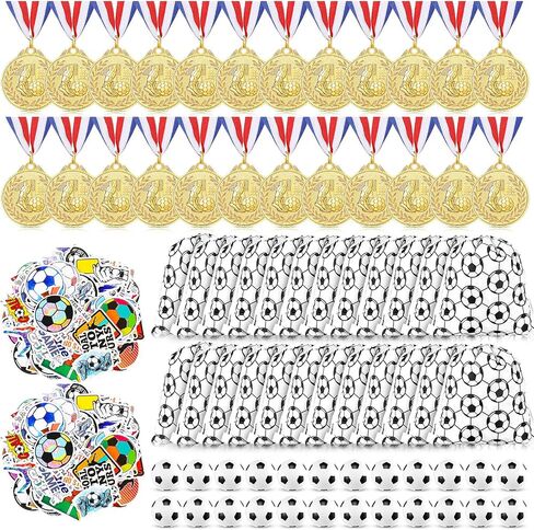 Soccer Party Favors Include Gold Soccer Medal Soccer Drawstring Bag Mini Soccer Ball and Soccer Sticker for Team Gift in Saudi Arabia