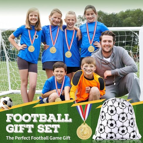 Soccer Party Favors Include Gold Soccer Medal Soccer Drawstring Bag Mini Soccer Ball and Soccer Sticker for Team Gift in Saudi Arabia