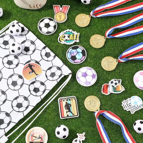Soccer Party Favors Include Gold Soccer Medal Soccer Drawstring Bag Mini Soccer Ball and Soccer Sticker for Team Gift in Saudi Arabia