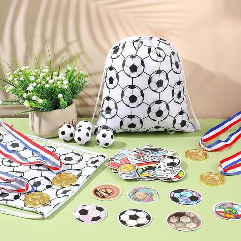 Soccer Party Favors Include Gold Soccer Medal Soccer Drawstring Bag Mini Soccer Ball and Soccer Sticker for Team Gift in Saudi Arabia