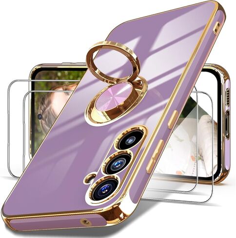 Dretal for Samsung Galaxy S23 FE 5G Case, 2X Tempered Glass Screen Protector, 360° Rotatable Ring Holder Magnetic Kickstand,Plated Gold Edge Slim Soft TPU Protective Phone Case Cover (Purple) in Kuwait