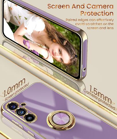 Dretal for Samsung Galaxy S23 FE 5G Case, 2X Tempered Glass Screen Protector, 360° Rotatable Ring Holder Magnetic Kickstand,Plated Gold Edge Slim Soft TPU Protective Phone Case Cover (Purple) in Kuwait