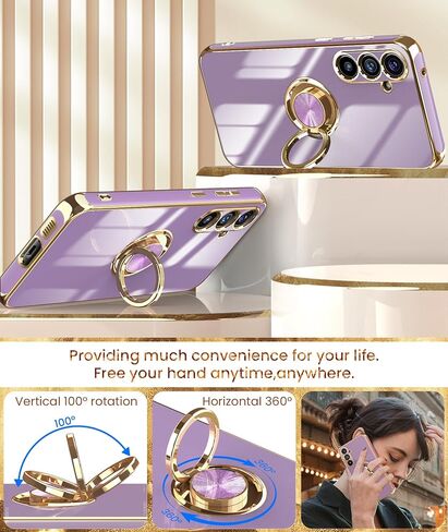 Dretal for Samsung Galaxy S23 FE 5G Case, 2X Tempered Glass Screen Protector, 360° Rotatable Ring Holder Magnetic Kickstand,Plated Gold Edge Slim Soft TPU Protective Phone Case Cover (Purple) in Kuwait