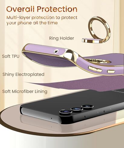 Dretal for Samsung Galaxy S23 FE 5G Case, 2X Tempered Glass Screen Protector, 360° Rotatable Ring Holder Magnetic Kickstand,Plated Gold Edge Slim Soft TPU Protective Phone Case Cover (Purple) in Kuwait