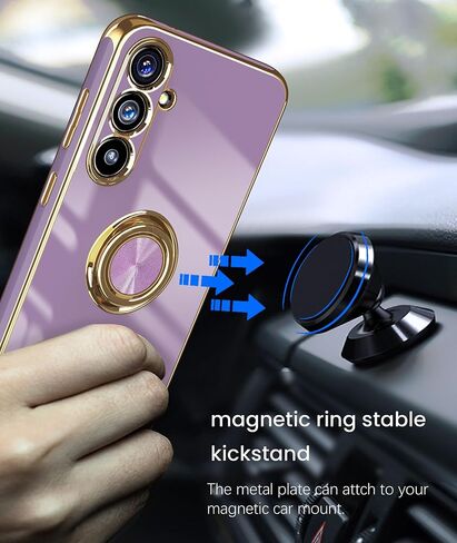 Dretal for Samsung Galaxy S23 FE 5G Case, 2X Tempered Glass Screen Protector, 360° Rotatable Ring Holder Magnetic Kickstand,Plated Gold Edge Slim Soft TPU Protective Phone Case Cover (Purple) in Kuwait