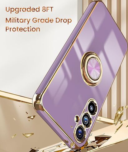 Dretal for Samsung Galaxy S23 FE 5G Case, 2X Tempered Glass Screen Protector, 360° Rotatable Ring Holder Magnetic Kickstand,Plated Gold Edge Slim Soft TPU Protective Phone Case Cover (Purple) in Kuwait
