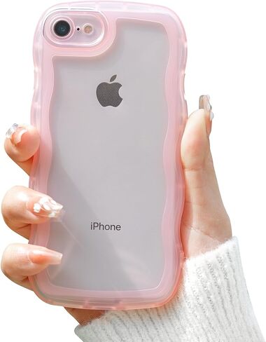 حافظة Dumkery اللطيفة متوافقة مع حافظة iPhone SE 2020/ SE 2022، حافظة iPhone 7/8 بإطار مموج مجعد، غطاء TPU ناعم وردي شفاف مقاوم للصدمات للفتيات والنساء in Saudi Arabia