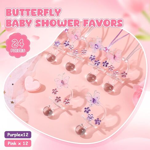 24 Pieces Butterfly Baby Shower Pacifiers Butterfly Acrylic Pacifier Necklaces Pink Purple Baby Shower Decorations for Baby Shower Game Party Favor Table Scatter Chupones para for Girls in Saudi Arabia