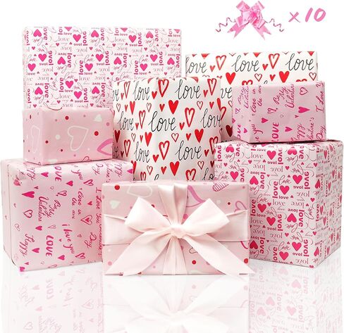 JOYIT 12 ورقة ورق تغليف القلب و10 أقواس، ورق تغليف هدايا Lagre مع قلب الحب، ورق تغليف وردي لتزيين تعبئة الذكرى السنوية للزفاف (20 بوصة × 29 بوصة) in Kuwait
