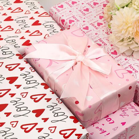 JOYIT 12 ورقة ورق تغليف القلب و10 أقواس، ورق تغليف هدايا Lagre مع قلب الحب، ورق تغليف وردي لتزيين تعبئة الذكرى السنوية للزفاف (20 بوصة × 29 بوصة) in Kuwait