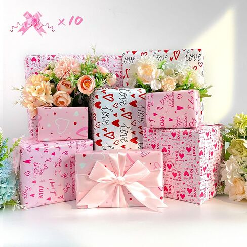 JOYIT 12 ورقة ورق تغليف القلب و10 أقواس، ورق تغليف هدايا Lagre مع قلب الحب، ورق تغليف وردي لتزيين تعبئة الذكرى السنوية للزفاف (20 بوصة × 29 بوصة) in Kuwait