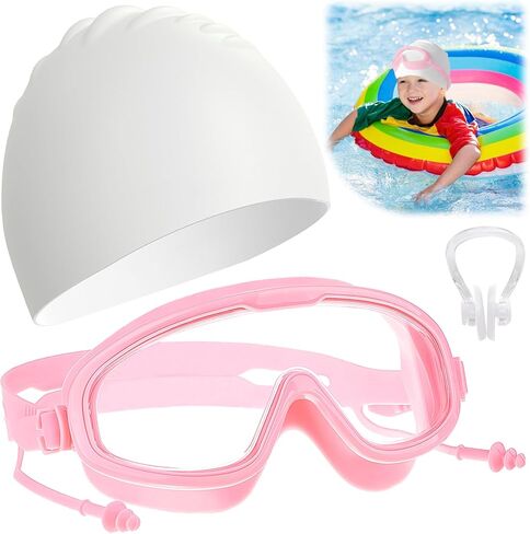 نظارات سباحة وقبعة للأطفال، نظارات سباحة مضادة للضباب للفتيات باللونين الأبيض والوردي مع سدادات أذن، قبعة سباحة من السيليكون مقاومة للماء in Kuwait