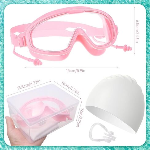 نظارات سباحة وقبعة للأطفال، نظارات سباحة مضادة للضباب للفتيات باللونين الأبيض والوردي مع سدادات أذن، قبعة سباحة من السيليكون مقاومة للماء in Kuwait