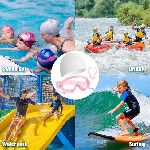 نظارات سباحة وقبعة للأطفال، نظارات سباحة مضادة للضباب للفتيات باللونين الأبيض والوردي مع سدادات أذن، قبعة سباحة من السيليكون مقاومة للماء in Kuwait