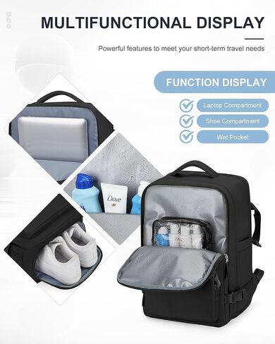 Black Travel Backpack Carry On Flight Approved, Personal Item Travel Bag with Shoe Compartment, 3 Main Pockets Waterproof Backpack, TSA Large Laptop Back Pack for Men Women - Upgraded Version in Saudi Arabia