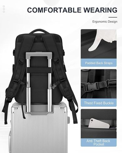Black Travel Backpack Carry On Flight Approved, Personal Item Travel Bag with Shoe Compartment, 3 Main Pockets Waterproof Backpack, TSA Large Laptop Back Pack for Men Women - Upgraded Version in Saudi Arabia