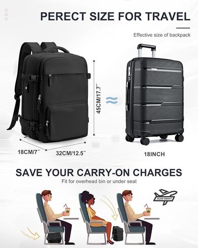 Black Travel Backpack Carry On Flight Approved, Personal Item Travel Bag with Shoe Compartment, 3 Main Pockets Waterproof Backpack, TSA Large Laptop Back Pack for Men Women - Upgraded Version in Saudi Arabia
