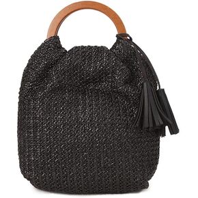 Hand-woven Large Straw Tote Bag with Black Leather Tassels Boho Brown Wooden Round Handle Tote Retro Summer Beach Bag Rattan Handbag (Black)