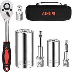Universal Socket Wrench Set (11-32mm 7-19mm) Professional Sockets Tools Multi-function Wrench Repair Tool Kit with 3/8 inch Ratchet Wrench & Power Drill Adapter Chrome Vanadium Steel
