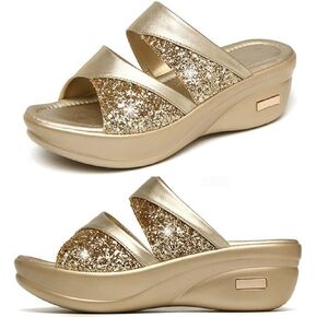 LIFKOME Fish Mouth Wedge Sandal Women Backless Platform Thicken Wedge Sandals Thick Wedge Summer Slipper Sequins Wedges Fish Mouth Sandals Summer Backless Platform