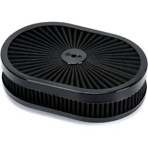 PTNHZ 12"x2" Oval Air Cleaner Filter Assembly 5-1/8" Carb Neck w/Flow-Thru Lid High Flow Chrome Compatible For GMC Chevy Ford Chryler Dodge Black