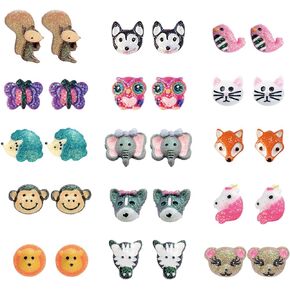 Pibupibu15 Pairs Mix Cute Colorful Animal Shaped Assorted Earrings Studs Set, Hypoallergenic (15 Animals)