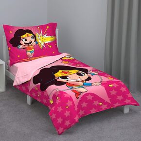 Wonder Woman Pink, Gold, Red & Blue 4Piece Toddler Bed Set - Comforter, Flat Top Sheet, Fitted Bottom Sheet, Reversible Standrd Size Pillowcase, Bright Pink, Light Pink, Gold, Red